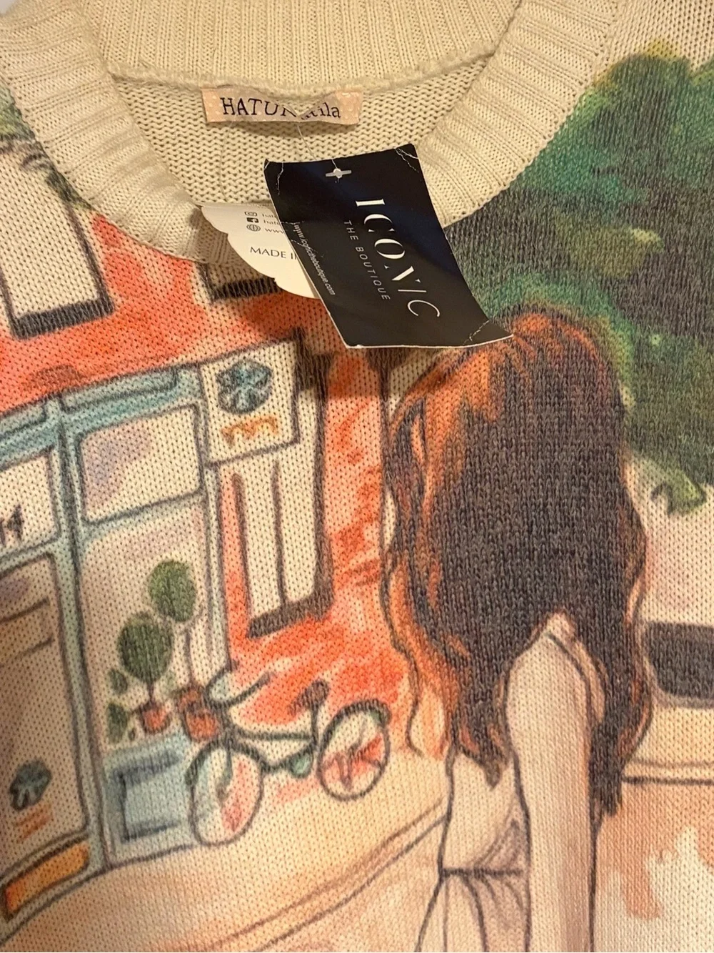 Cream Scenic Graphic Crewneck Sweater for Men
